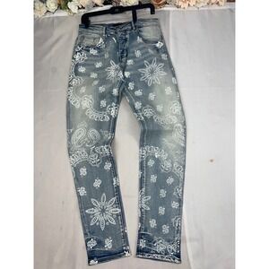 Amiri Mens Bandana Paisley Print Slim Fit Jeans Light Wash Blue Denim Crystal